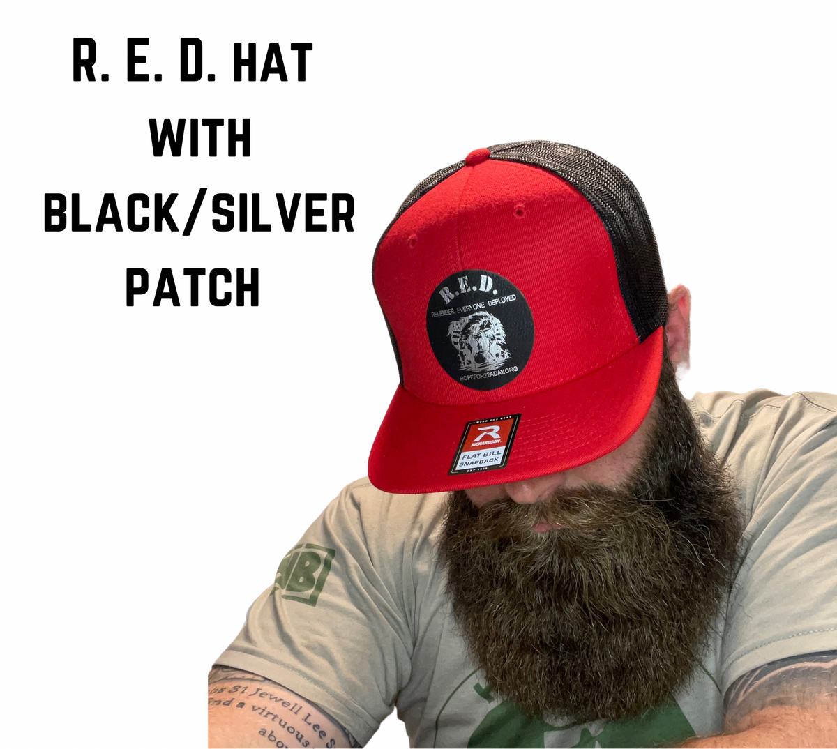 R. E. D. Hat with Black/Silver Patch—curved or flat bill Holy Beardz, LLC