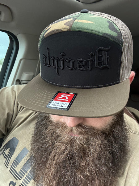 Very limited DISCIPLE flat bill SnapBack, black front with camo