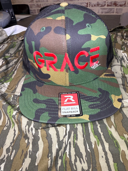 Camo Richardson 511 flat bill black SnapBack with red grace on front