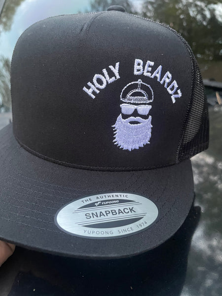 Old school Holybeardz white logo black flat bill snap back