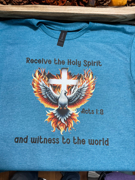 Acts 1:8 Dove and Cross T-Shirt - Heather Blue