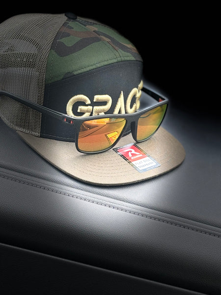 “Grace” Hat with Gold embroidery, 7 panel Richardson flat bill camo snap back