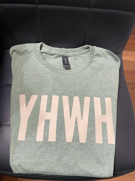 “YHWH” in Khaki Print on Front—Heather Military Green T-Shirt