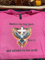 Acts 1:8 Dove and Cross T-Shirt - Heather Pink