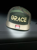 “Grace” Hat with Gold embroidery, 7 panel Richardson flat bill camo snap back