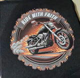 Ride with Faith Hoodie- Black—Image on back, HB logo on front chest