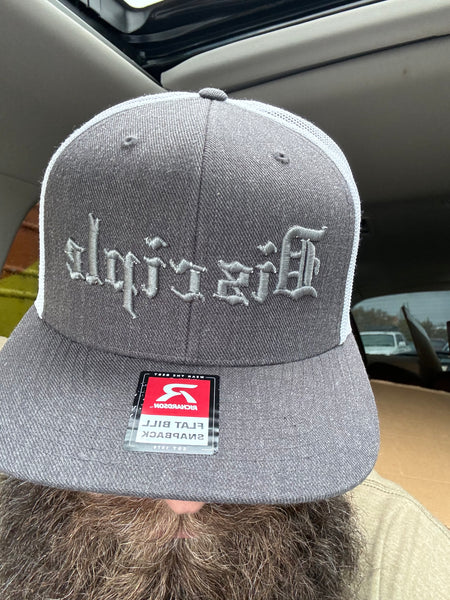 Very limited disciple hat on a gray and white snapback Richardson 511 ￼