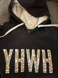 “YHWH” in Camo Print on Black Hoodie on Front & Cross image on Back