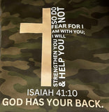 “YHWH” in Tan on Camo Hoodie on Front & Cross Image on Back