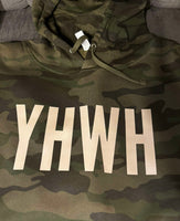 “YHWH” in Tan on Camo Hoodie on Front & Cross Image on Back