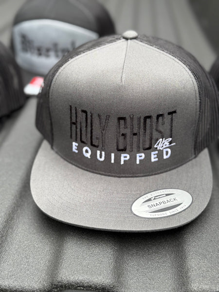 YUPOONG DARK GREY  BLACK SNAPBACK WITH HOLYGHOST EQUIPPED IN BLACK AND WHITE