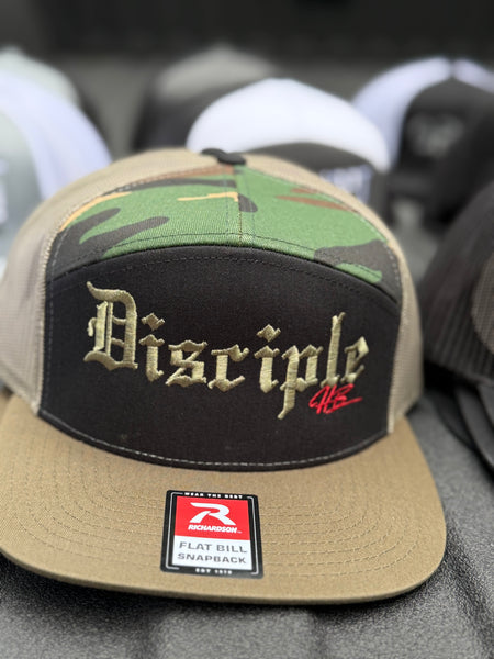 Richardson, seven panel Camo, black and green snapback DISCIPLE  in OD GREEN
