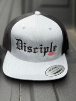 YUPOONG LIGHT GRAY FRONT AND BLACK SNAPBACK WITH BLACK  DISCIPLE LETTERS