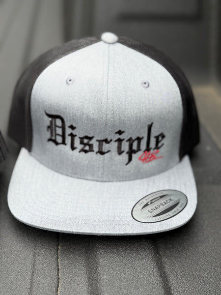 YUPOONG LIGHT GRAY FRONT AND BLACK SNAPBACK WITH BLACK  DISCIPLE LETTERS