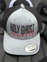 YUPOONG light gray front with black snap back with Holyghost equipped in black and red