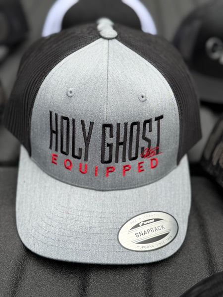 YUPOONG light gray front with black snap back with Holyghost equipped in black and red