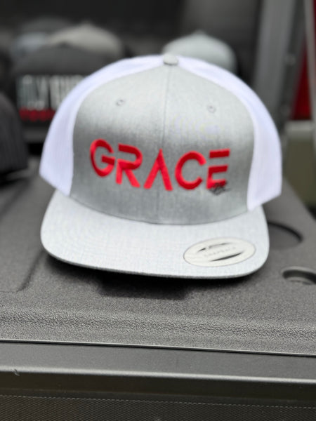 YUPOONG light gray front with white SnapBack with red GRACE on front