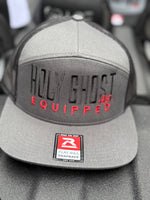 Richardson seven panel Charcoal front black snapback, Holy Ghost equipped in black and red letters