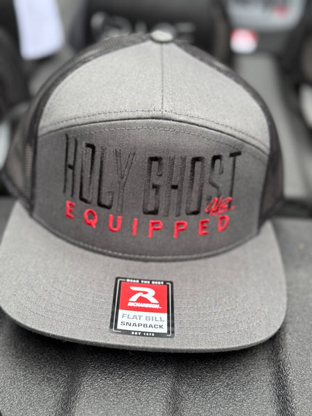 Richardson seven panel Charcoal front black snapback, Holy Ghost equipped in black and red letters