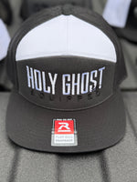 Richardson seven panel dark gray front black back snapback white top Holy Ghost equipped in white and black letters ￼