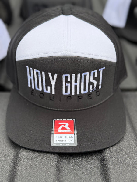 Richardson seven panel dark gray front black back snapback white top Holy Ghost equipped in white and black letters ￼