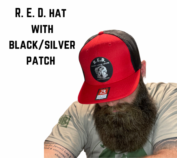 R. E. D. Hat with Black/Silver Patch—curved or flat bill