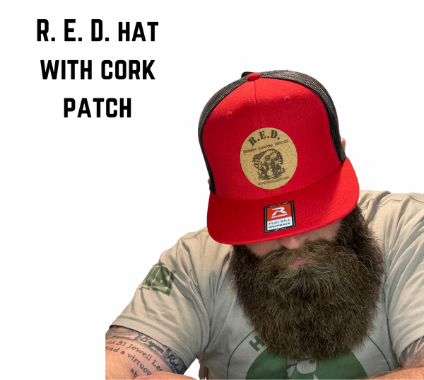 R. E. D. Hat with Cork Patch—curved or flat bill